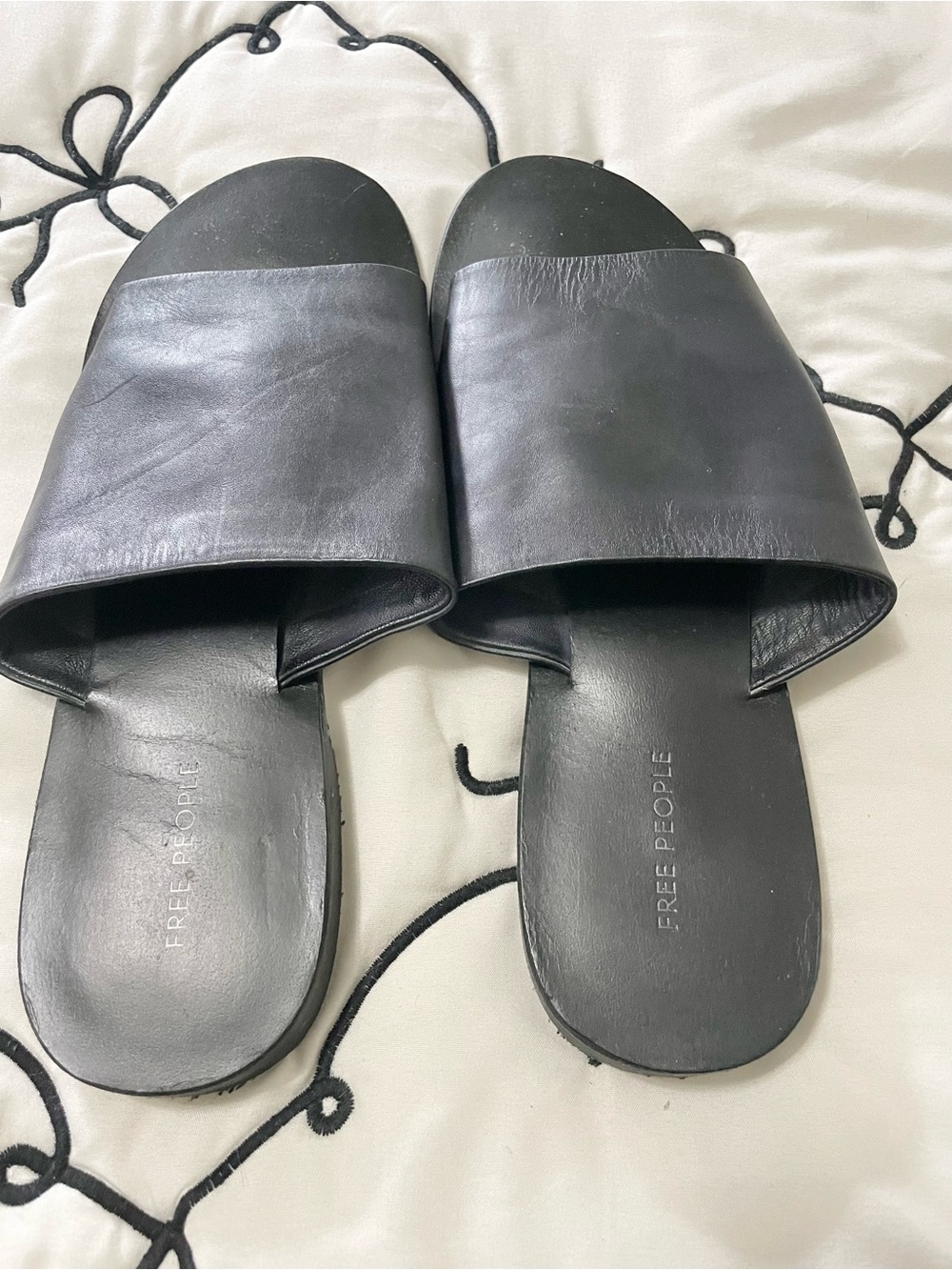 Free People Black Wide Strap Leather Slides